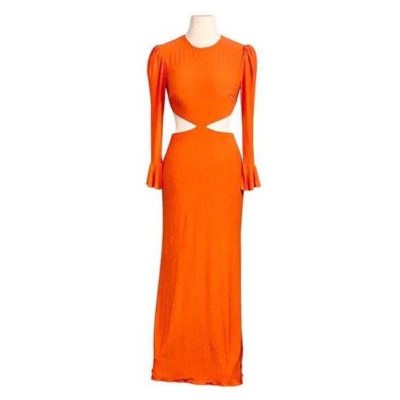 Mac Duggal Orange Long Sleeve Cutout Ruffle Cuffs Fitted Floor Length Dress Sz 0 - Picture 1 of 10